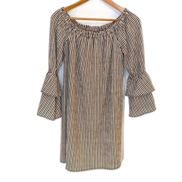 Bobeau | Boho Off The Shoulder Striped Ruffle Sleeve Dress Navy Rust | Size XS - Picture 6 of 12